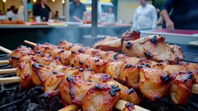 Grilled meat skewers with visible grill marks, smoked chicken or pork on wooden sticks, for food marketing or restaurant menu, barbecue background