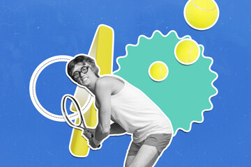 Banner creative poster art collage of serious man geek tennis player push ball ping pong activity...