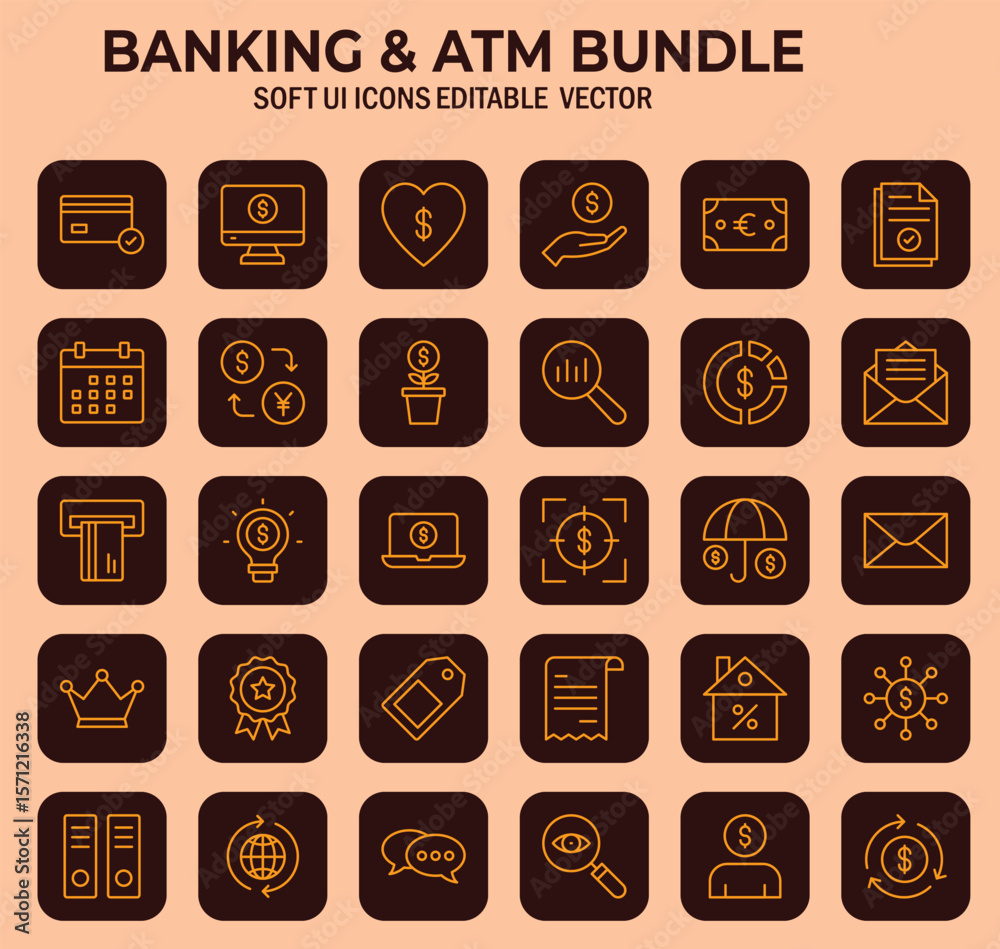 Poster Banking and finance vector icon collection with soft user interface style financial transactions and currency exchange
