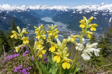 Mountain wildflowers bloom amidst alpine scenery.  Yellow and white blossoms stand out against a backdrop of lush greenery, a winding river, and snow-capped peaks