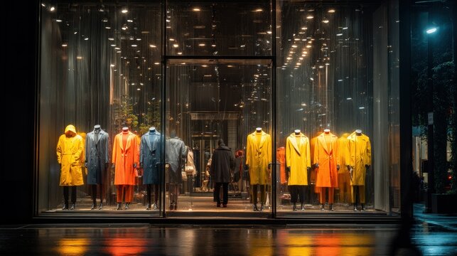 Stylish raincoats displayed at nighttime in a fashionable boutique window