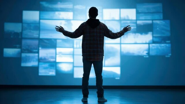 Man standing front of large digital screen wall illuminated by blue light, interacting with multiple virtual display panels, exploring futuristic technology, making choice and decision digital