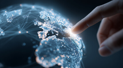 Connecting a Global Business Network: A hand touching a holographic globe, activating a worldwide data and communication network.