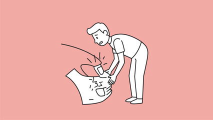 Man Examining Damaged Car Bumper, Minimalist Line Art Illustration