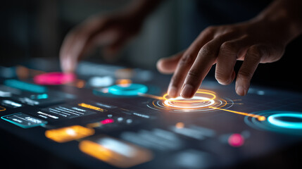 Fototapeta premium Improving User Experience (UX) with Data: A marketer analyzing a customer journey funnel on a tablet to strategize and increase conversion.