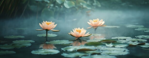 Orange water lilies rest peacefully on the calm surface of a reflective pond