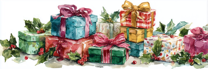 Vector illustration, Christmas gift box watercolor, banner for presentation.