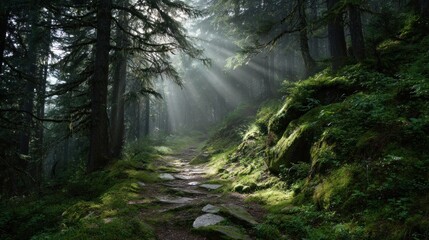 Fototapeta premium Sunbeams pierce a misty forest path