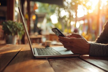 Hipster man texts friends on his laptop at a cafe with a smartphone by the window reflects lifestyle and social networking