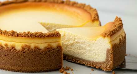 A delicious slice of creamy, classic New York cheesecake on a plate, showing its rich texture