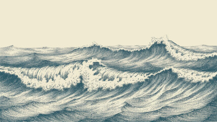 Turbulent ocean waves detailed line drawing water storm
