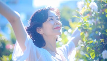 Fototapeta premium 新鮮な空気を吸っている中年の女性
