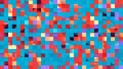 Vibrant abstract pixelated background with red, blue, and yellow squares, ideal for digital art, gaming, and technology concepts