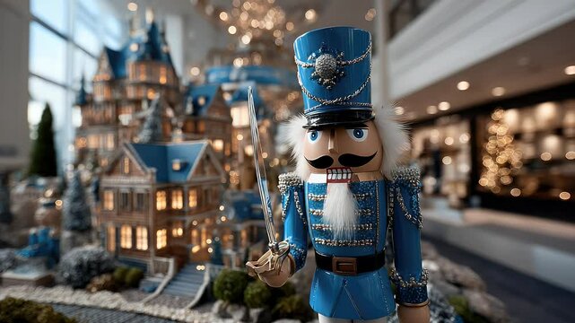 Blue nutcracker christmas village display