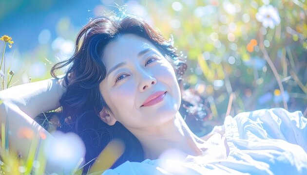 草原で寝そべる美しい老年の女性