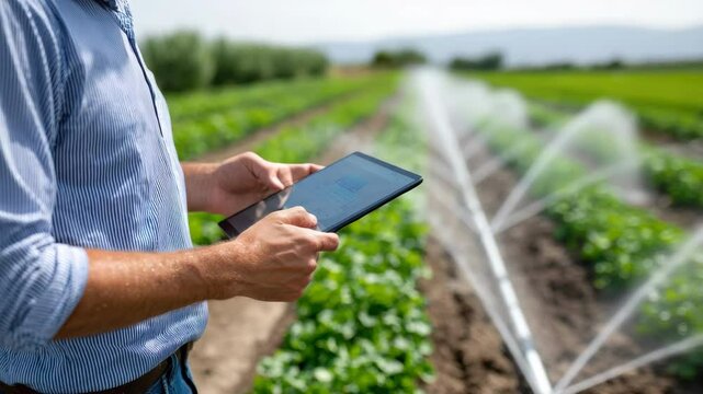 Farmer agriculture technology and irrigation with tablet field for crop water management, outdoor innovation digital smart green rural soil, modern growth, sustainable monitoring, and efficient