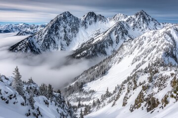 Snowy mountain range, valley shrouded in mist