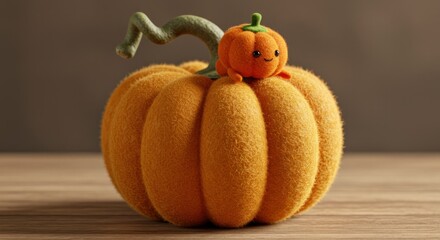 A stylized orange pumpkin with a small, cartoon pumpkin perched on top.  Soft, plush texture
