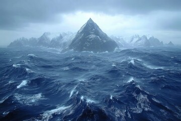 Stormy sea, solitary peak.  Vast, choppy waves crash against a backdrop of  gray skies and distant snow-capped mountains. A solitary, pyramidal peak rises from the tumultuous water