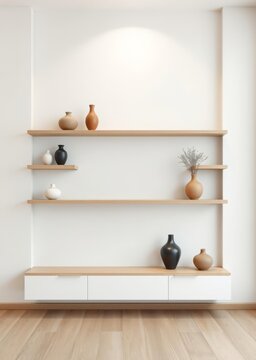 A wall with minimalistic shelves and a collection of beautiful vases on them empty vertical frame for wall art mockup interior in modern japandi style Empty room interior design Ultra realistic P