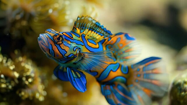 Vibrant close-up of a colorful [generic term] fish showcasing intricate patterns and textures set against blurred aquatic plants, emphasizing underwater life.