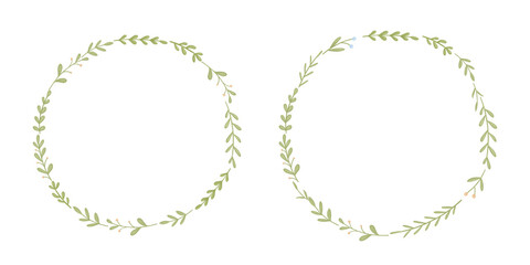 Watercolor green cute round frame, floral wreath isolated on white background, hand drawn decor, set