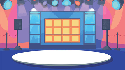 Vector graphic design of a quiz game show stage featuring bright lights, podiums, digital screens, and dynamic elements, representing competitive entertainment, knowledge contests, TV broadcasting,