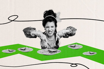 Banner 3d art pop image collage of angry duchess girl medieval era hold fork knife eat hamburger...