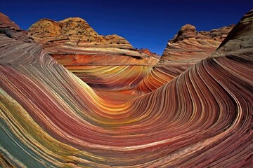 Vibrant, swirling sandstone formations under a clear sky.  Layered colors of red, orange, and yellow.  Dramatic curves and ridges