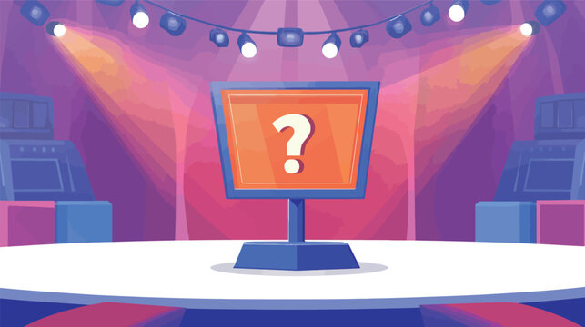 Vector graphic design of a quiz game show stage featuring bright lights, podiums, digital screens, and dynamic elements, representing competitive entertainment, knowledge contests, TV broadcasting, - Powered by Adobe