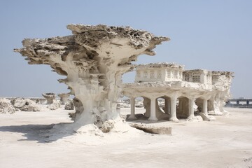 Eroded white rock formations, resembling trees and buildings