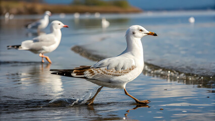 Fototapeta premium Seagull bird walking on beach shore with ocean water wildlife animal photography nature travel destination