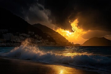 Dramatic sunset over a Mediterranean beach.  Golden light piercing dark clouds.  Waves crash on the shore, while buildings line the coast
