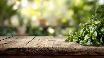 Obraz premium Rustic wooden table with fresh herbs, garden background