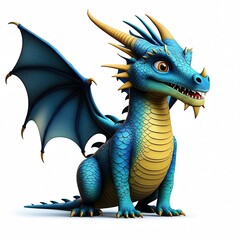 Fototapeta premium Cute Blue Cartoon Dragon with Golden Belly on White Background – 3D Illustration