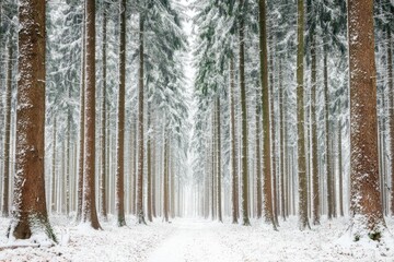 Snow-dusted forest path. Tall, straight trees line a pathway through a winter wonderland