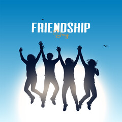 Happy International Friendship Day Post Template. Greeting card, back view of the friends' group. Abstract vector illustration design.