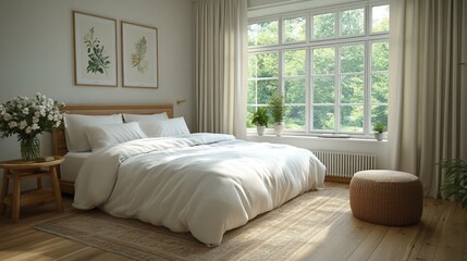 Bright, airy bedroom with natural light and neutral tones