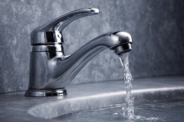 Chrome tap and basin with flowing water