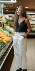 Obraz premium Asian mature female shopping at grocery store with fresh produce display