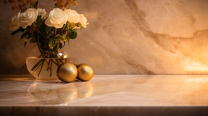 Beige marble with subtle gold accents, smooth texture, warm lighting