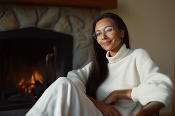 Obraz premium Relaxed hispanic female in white sweater enjoying fireplace warmth indoors
