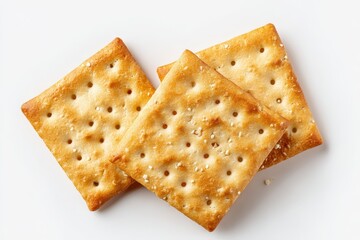 Isolated dry cracker cookies on a white background Top view of saltines Close up food concept