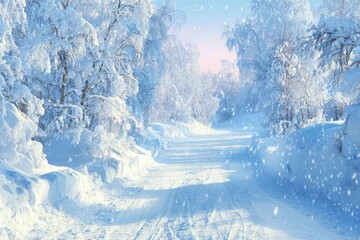Winter wonderland path.  Snowy forest road