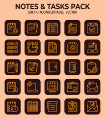 Elegant outline vector icons set for notes and tasks management, showcasing minimalist ui design elements for