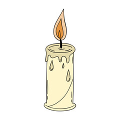 Old and vintage candle wax light fire with melted effect. Romantic, cozy, spiritual, birthday, anniversary or Halloween occasion line art element collection 