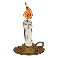 Old and vintage candle wax light fire with melted effect. Romantic, cozy, spiritual, birthday, anniversary or Halloween occasion line art element collection 