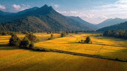 Fototapeta premium Golden rice paddies nestled amongst lush mountains