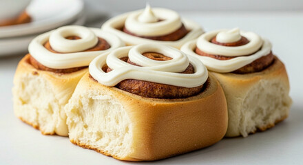 A close-up of freshly baked cinnamon rolls topped with creamy white frosting, arranged in a pan