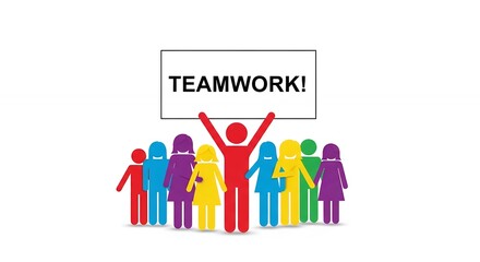 Colorful Teamwork Illustration with Diverse Figures Holding Sign